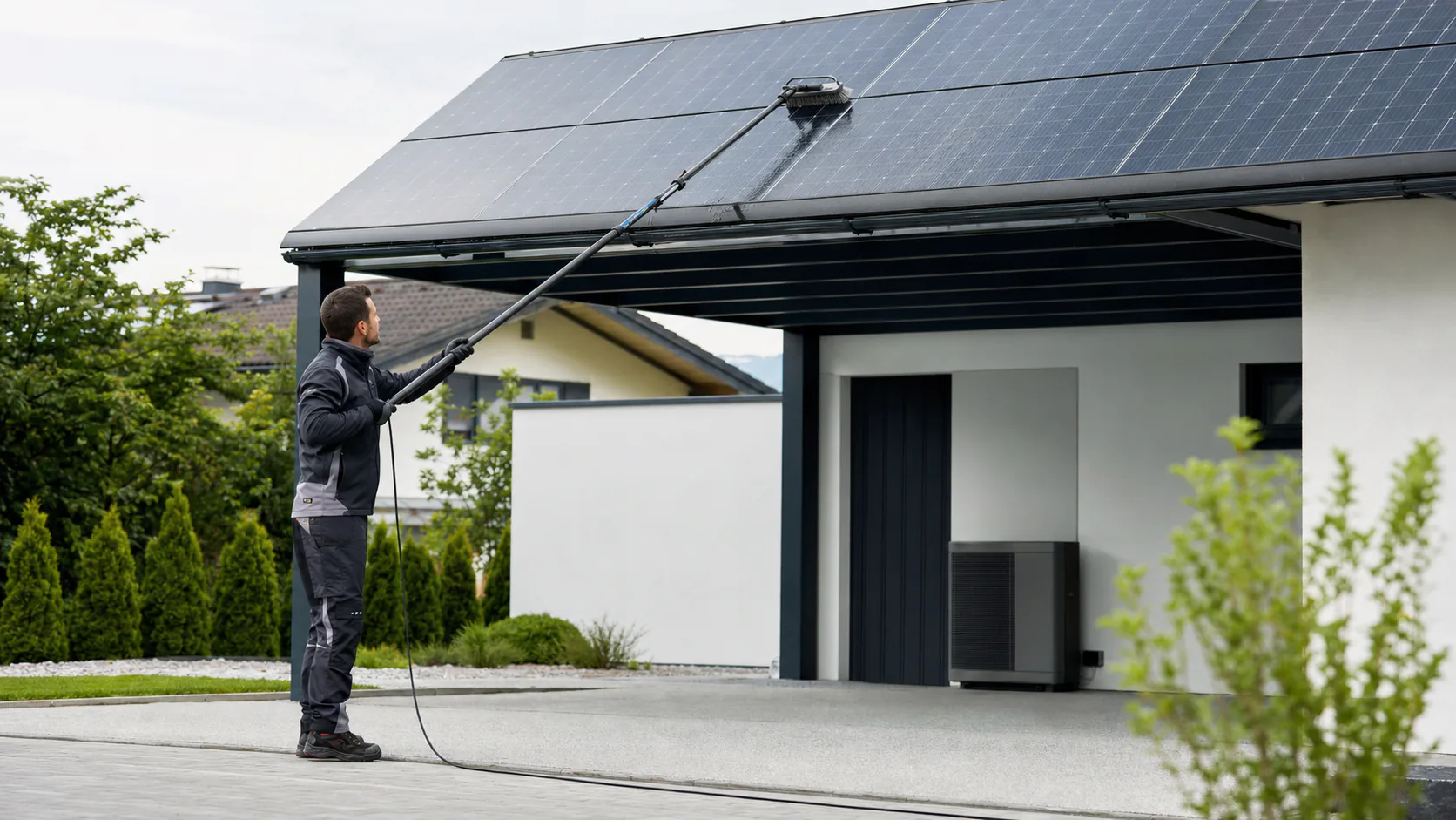 Fachkraft reinigt Photovoltaik-Module mit wassergeführter weicher Bürste auf einem Carport bei bedecktem Himmel