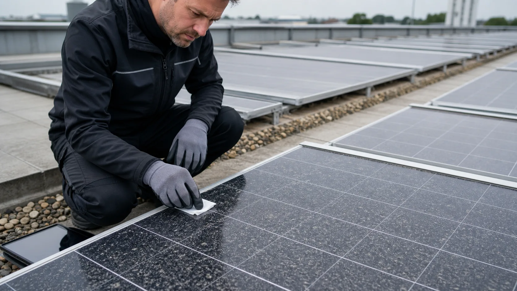 Techniker prueft feinen Bau- und Industriestaub auf Photovoltaik-Modulen eines sicheren Flachdachs