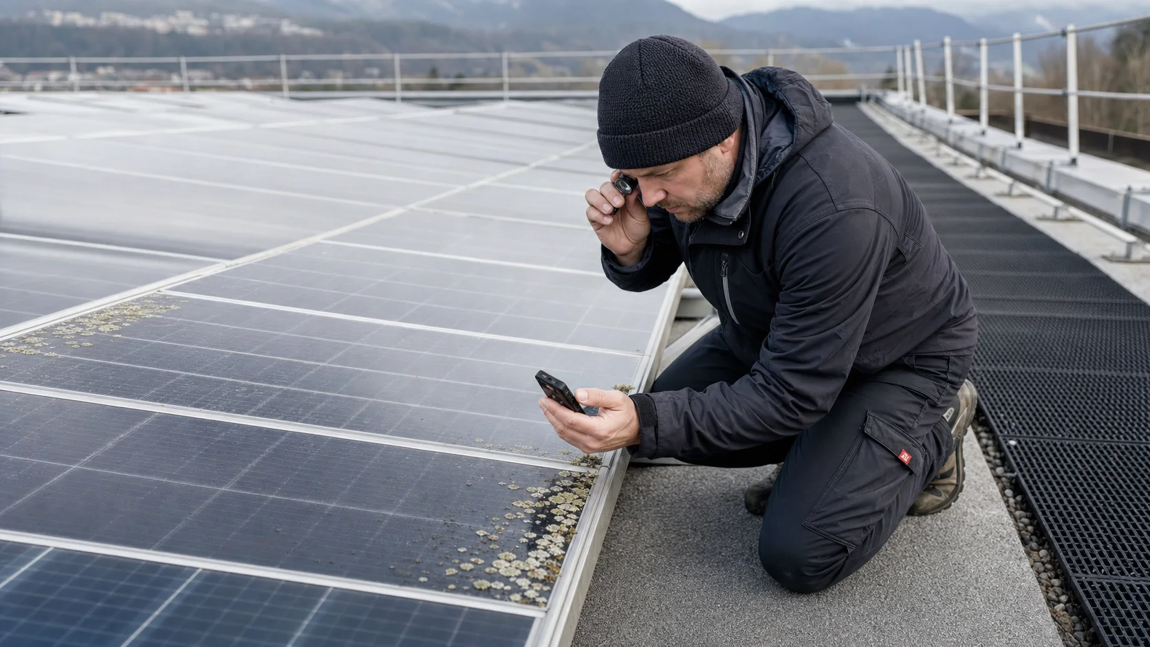 PV-Techniker begutachtet kleine Flechtenfelder am unteren Rand älterer Solarmodule von einem gesicherten Dachlaufweg