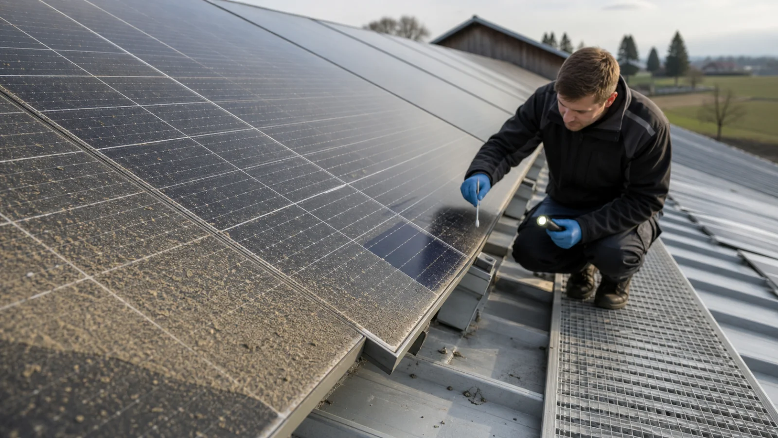 Techniker untersucht vom sicheren Laufweg einen Feldstaub- und Pollenfilm auf PV-Modulen