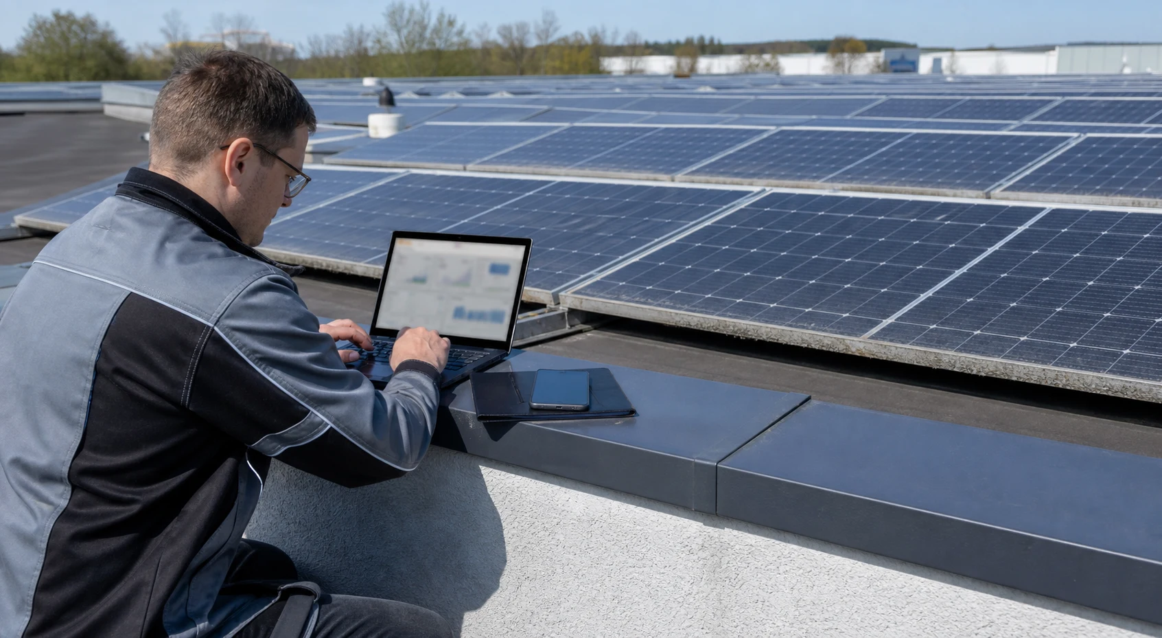 Techniker vor einem Laptop mit Photovoltaik-Monitoring auf einem Dachzugang, im Hintergrund PV-Module mit leichtem unteren Schmutzsaum, realistische technische Servicefotografie ohne Logos oder Text im Bild