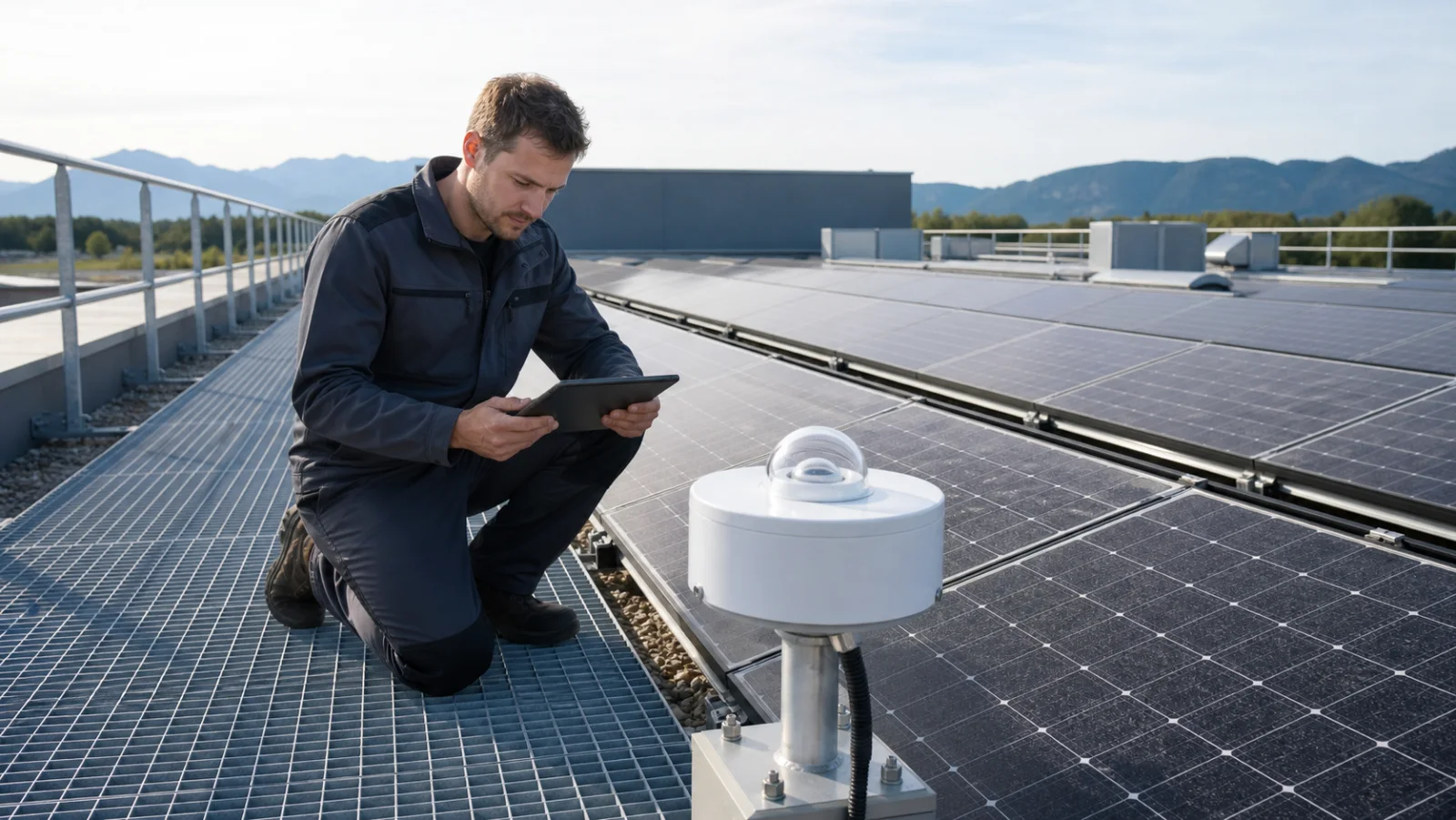 PV-Techniker vergleicht einen Referenzsensor mit verschmutzten Solarmodulen auf einem gesicherten Flachdach