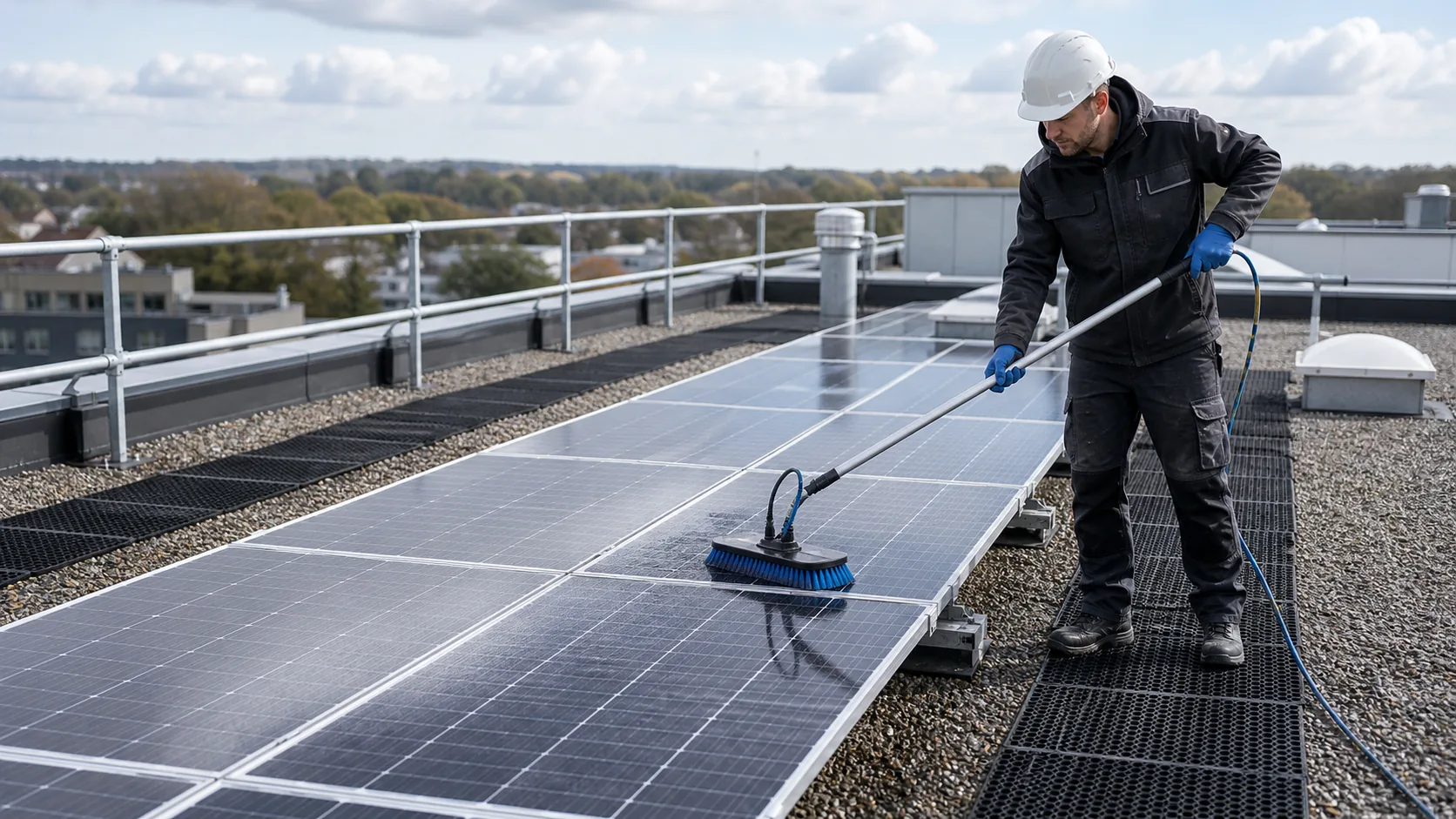 Servicekraft auf einem Flachdach mit Photovoltaikmodulen prüft Laufwege und reinigt Module mit weicher wassergeführter Bürste bei gesicherter Dachkante