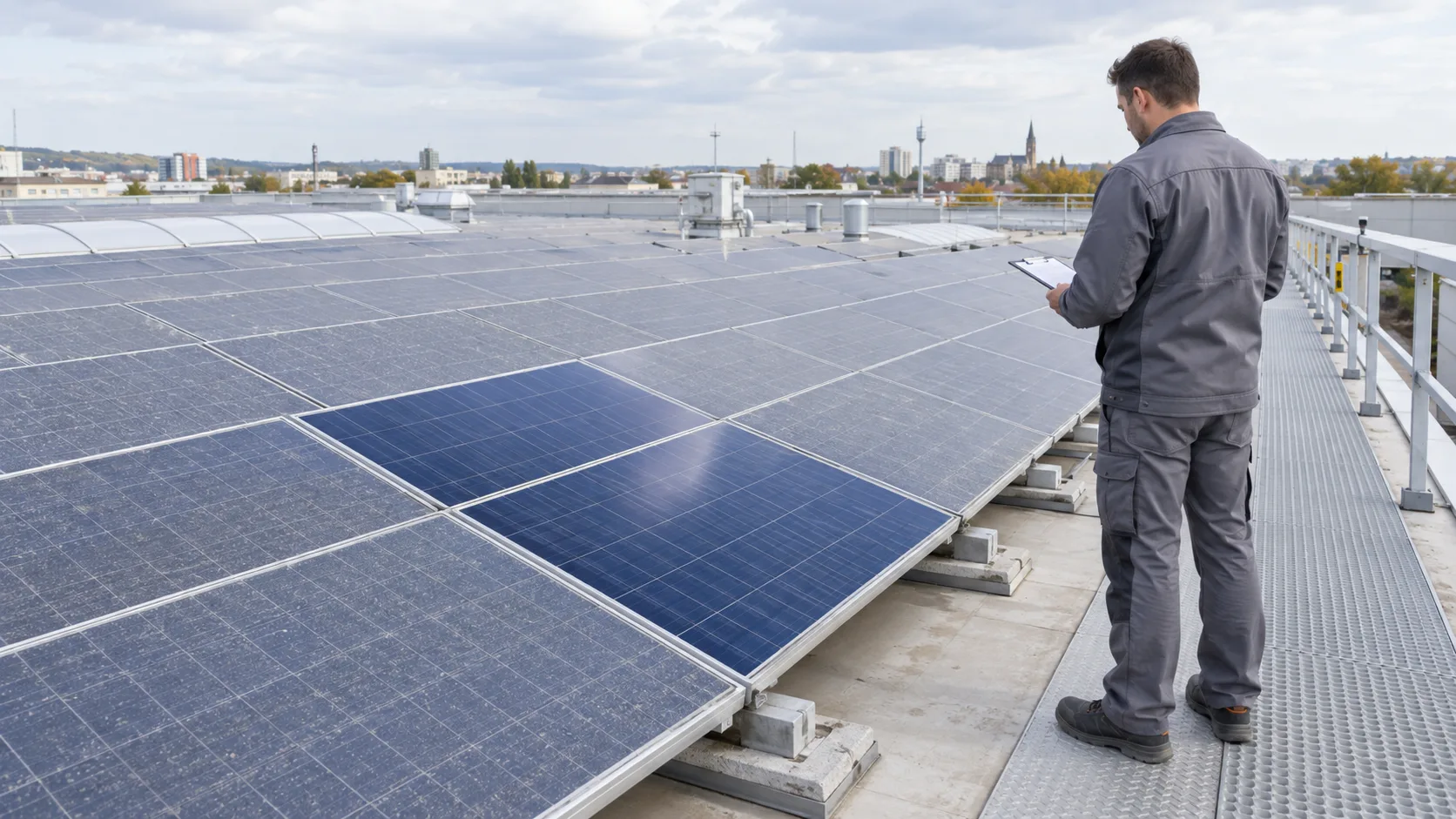 Techniker dokumentiert auf einem gesicherten Flachdach eine saubere Referenzfläche zwischen leicht staubigen PV-Modulen