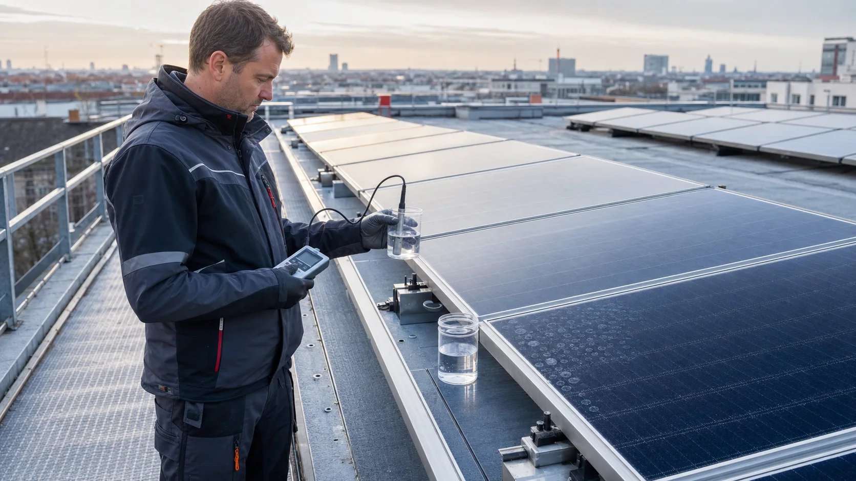 PV-Techniker prüft Wasserproben und Leitfähigkeit neben Modulen mit sichtbaren Trocknungsringen
