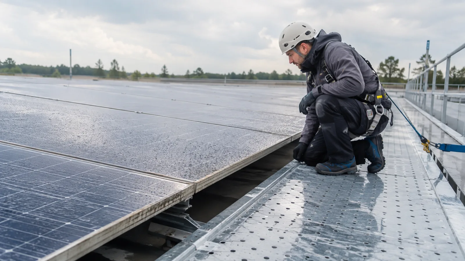 PV-Fachkraft begutachtet einen Schmutzsaum an der unteren Rahmenkante regennasser Solarmodule