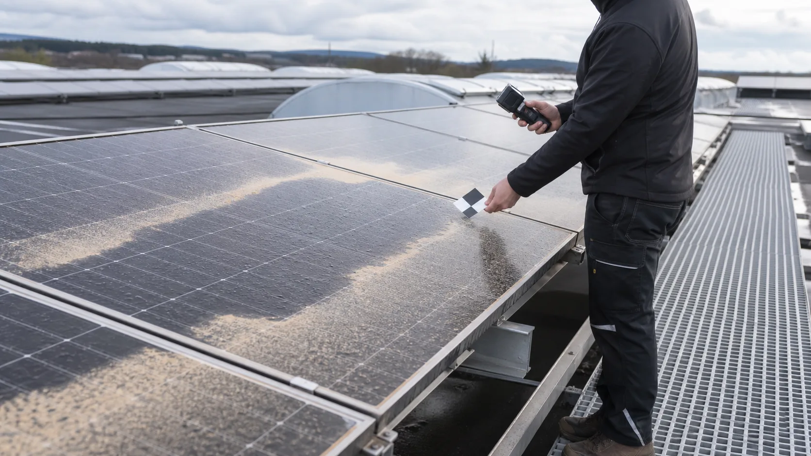 PV-Techniker dokumentiert beige mineralische Regenflecken auf Solarmodulen von einem sicheren Dachlaufweg
