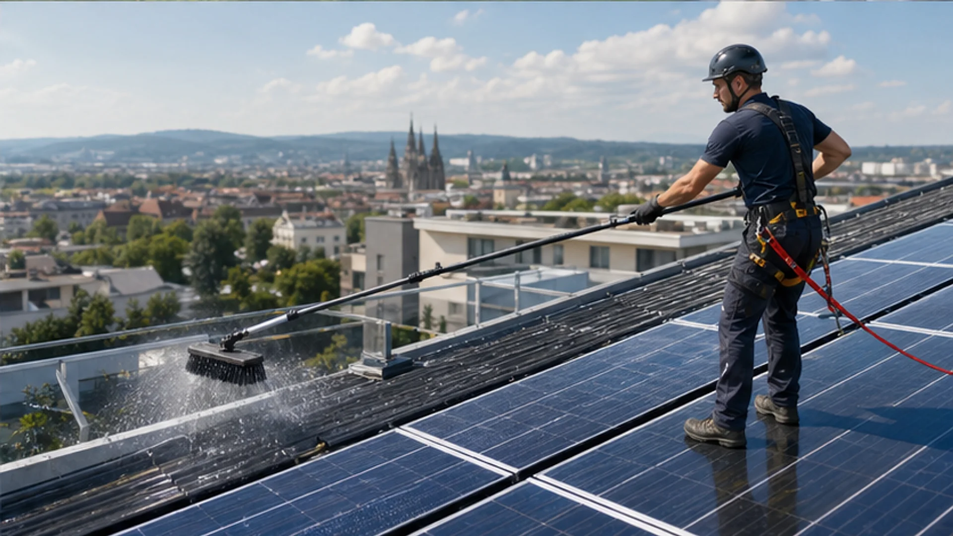 PV-Module auf flachem Dach mit weichem Reinigungssystem, Sicherheitsabstand und klarem Himmel